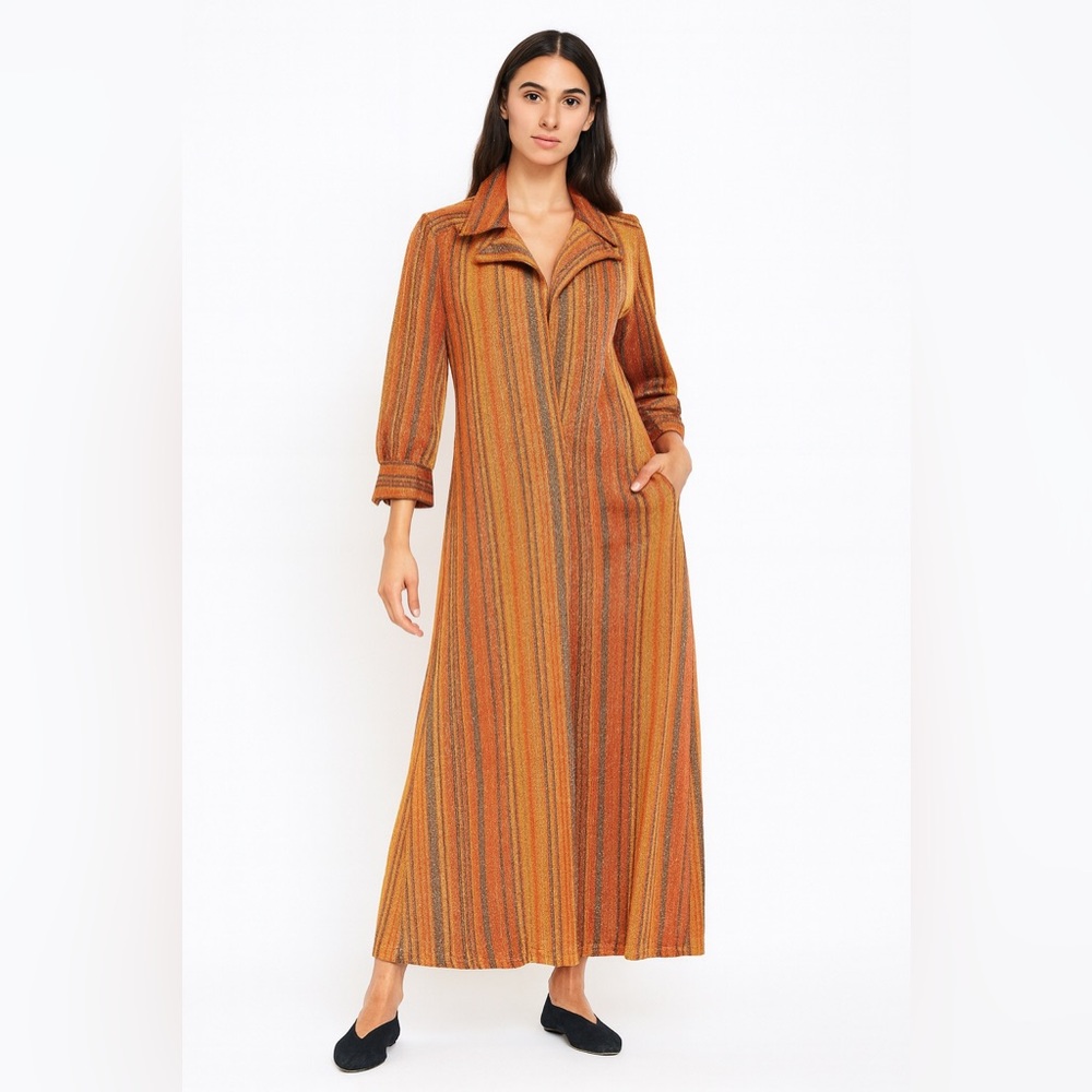 Vintage Metalic Brown Earth Tone 70s Striped Hostess Dress Large Lurez Knit